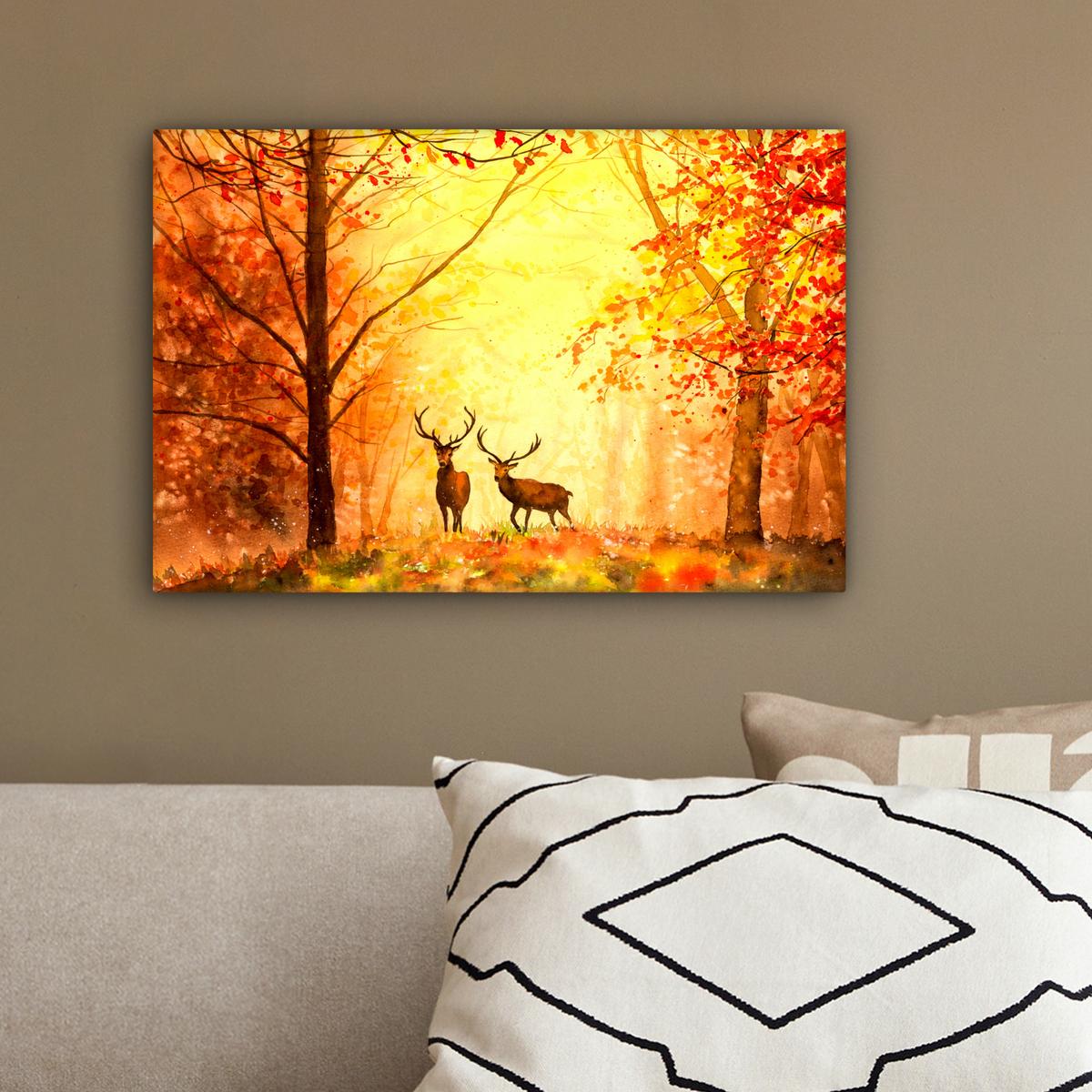 LEINWANDBILD Natur - Ölfarbe - Hirsche - Tiere - Herbst - Orange Deko Schlafzimmer 30x20 cm - Orange, Textil (30/20cm) - MuchoWow