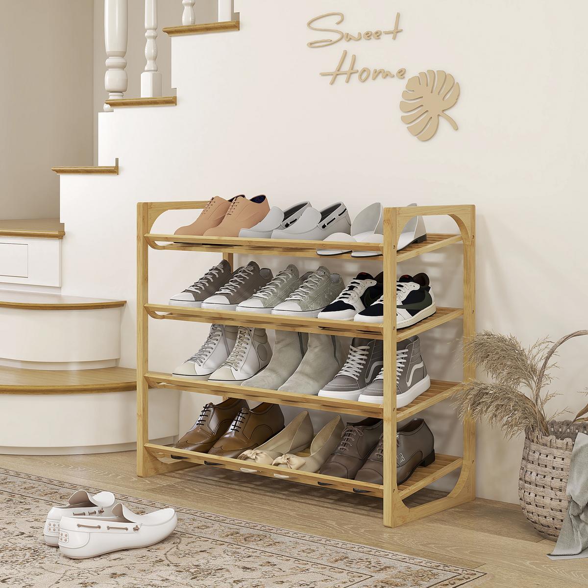 SCHUHREGAL, Schuhständer mit 4 Ebenen, für max. 12 Paar Schuhe, Natur - Naturfarben, Holz/Bambusholz (33/67/76cm) - HOMCOM