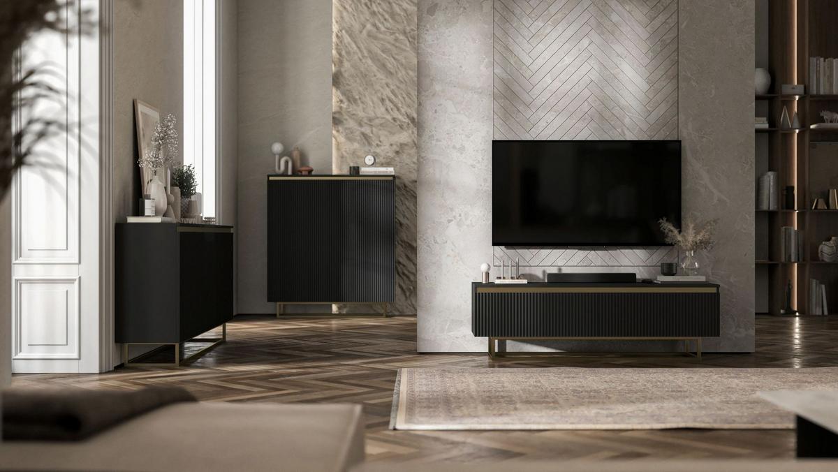 SIDEBOARD Selene 3D Schwarz Matt mit geriffelten Fronten Glamour 167 cm - Goldfarben/Schwarz, Holzwerkstoff/Metall (167/79/35cm) - Meble Lindner