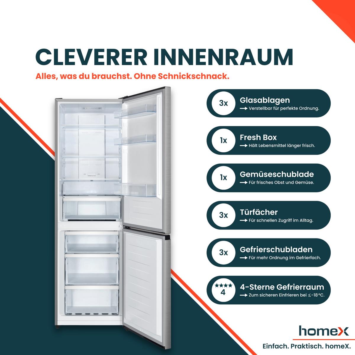 KÜHL-GEFRIER-KOMBINATION, No Frost, freistehend, groß, Kühlschrank mit Gefrierfach - 304 Liter, EEK A, leise 35 dB - Silberfarben, Glas/Kunststoff (59.5/187.3/59cm) - homeX
