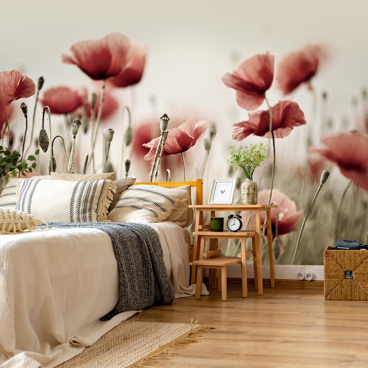 FOTOTAPETE für Wohnzimmer Zarte Mohn Blumen Wiese Rot 100x70 - Beige/Rot, Papier (100/70cm) - Muralo