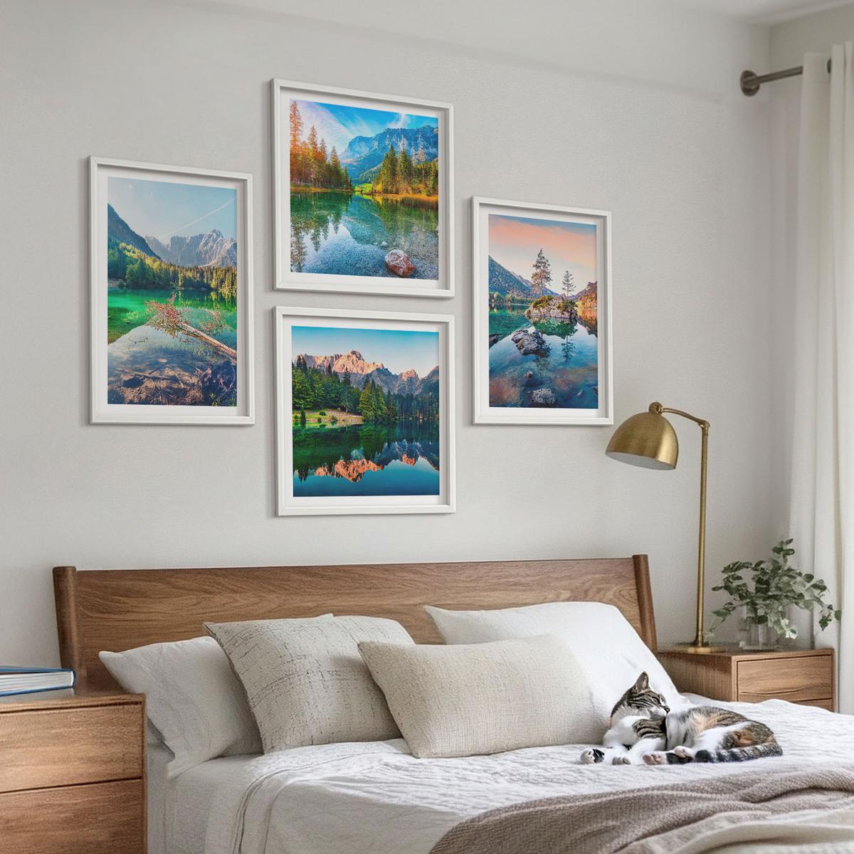 BILDER SET 4er Set - 50x50 cm & 40x60 cm Weißer Rahmen - Naturlandschaft der Bergseen - Weiß, Kunststoff (50/50cm) - TULUP