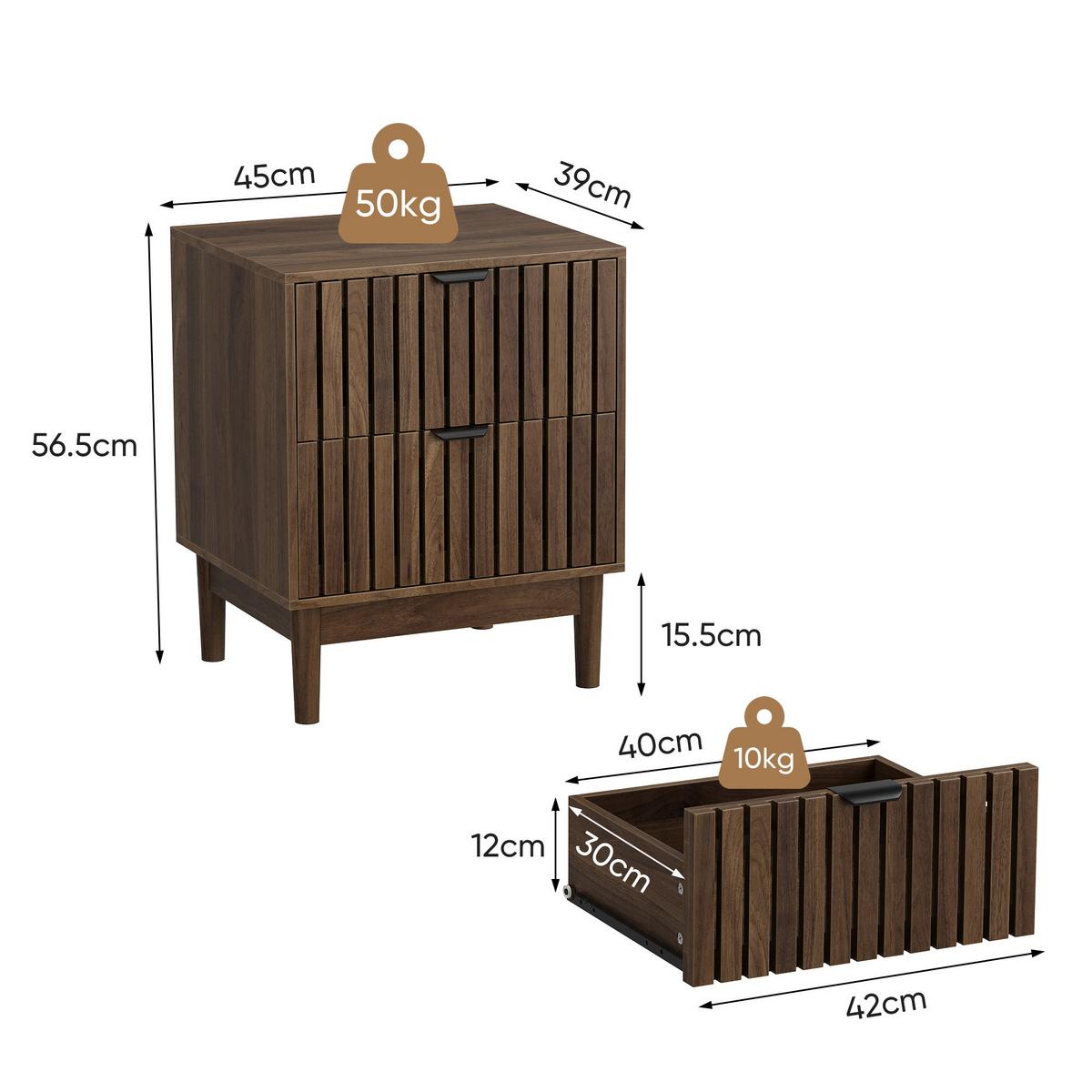 NACHTTISCH in walnuss-optik mit latten-design, 2 schubladen und massivholzbeinen - Walnussfarben, Holzwerkstoff (45/56.5/39cm) - Urban Meuble