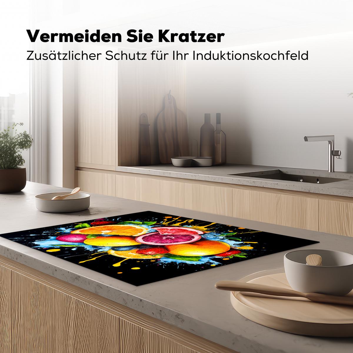 HERDABDECKPLATTE Obst - Graffiti - Bunt - Orange - Erdbeere - Abstrakt Induktionsmatte 77x59 cm - Orange, Kunststoff (77/59/0.2cm) - MuchoWow