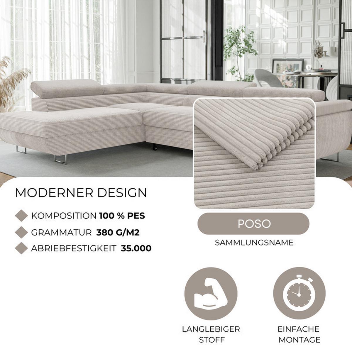 ECKSOFA ANTON links, mit Schlaffunktion und Bettkasten Creme - Chromfarben/Creme, Textil/Metall (274/203cm) - Idohome