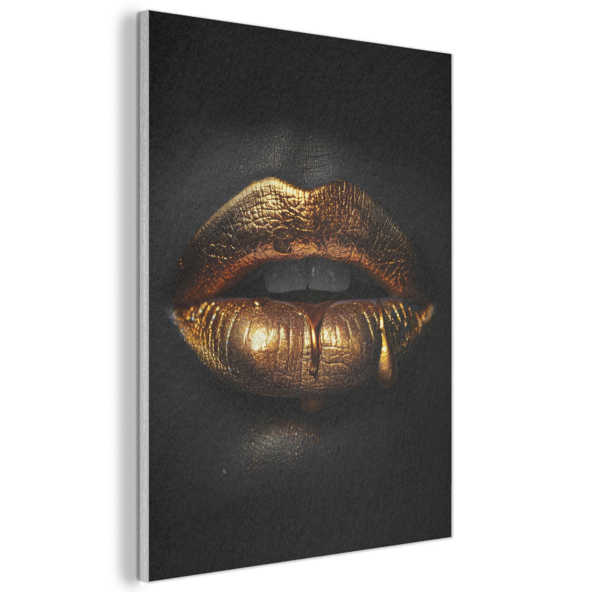 AKUSTIKBILD Frau - Porträt - Lippen - Gold - Schwarz Wandbilder 60x80 cm - Schwarz, Kunststoff (60/80/0.9cm) - MuchoWow