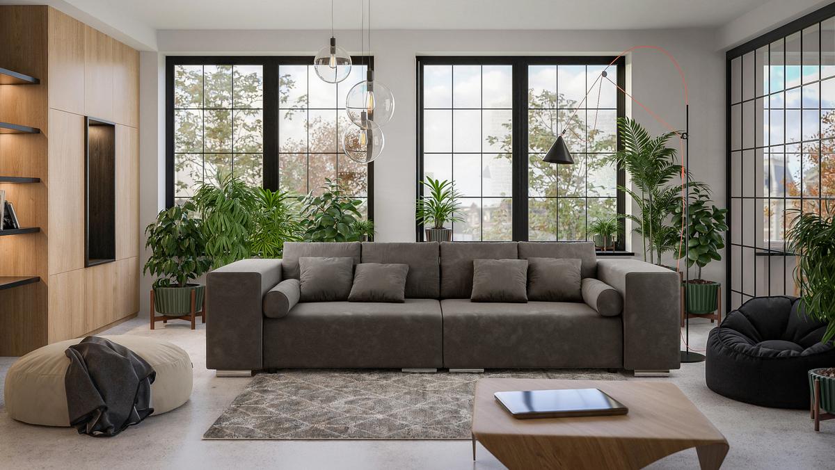 BIGSOFA Kami Microfaser Khaki - Dunkelbraun/Silberfarben, Kunststoff/Textil (290/80/110cm) - S-Style