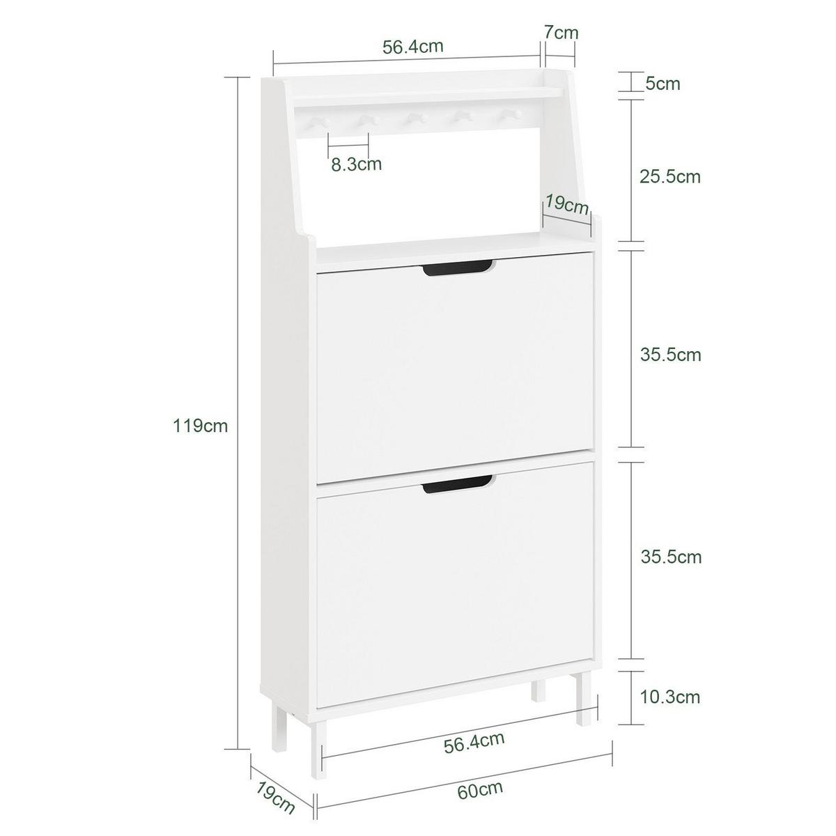 SCHUHSCHRANK schmal mit 2 Klappen und Haken Weiß 60x19x119cm - Weiß, Holzwerkstoff (19/119/60cm) - SoBuy