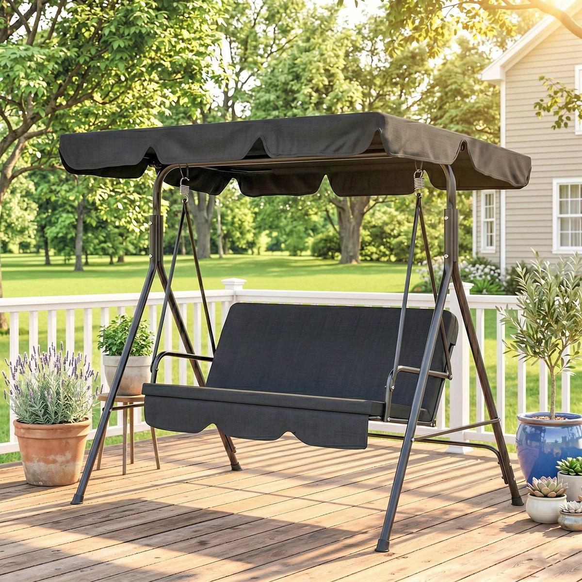 HOLLYWOODSCHAUKEL, 3-Sitzer, Stahl, Schwarz, 172 x 110 x 153 cm - Schwarz, Metall (110/153/172cm) - Outsunny