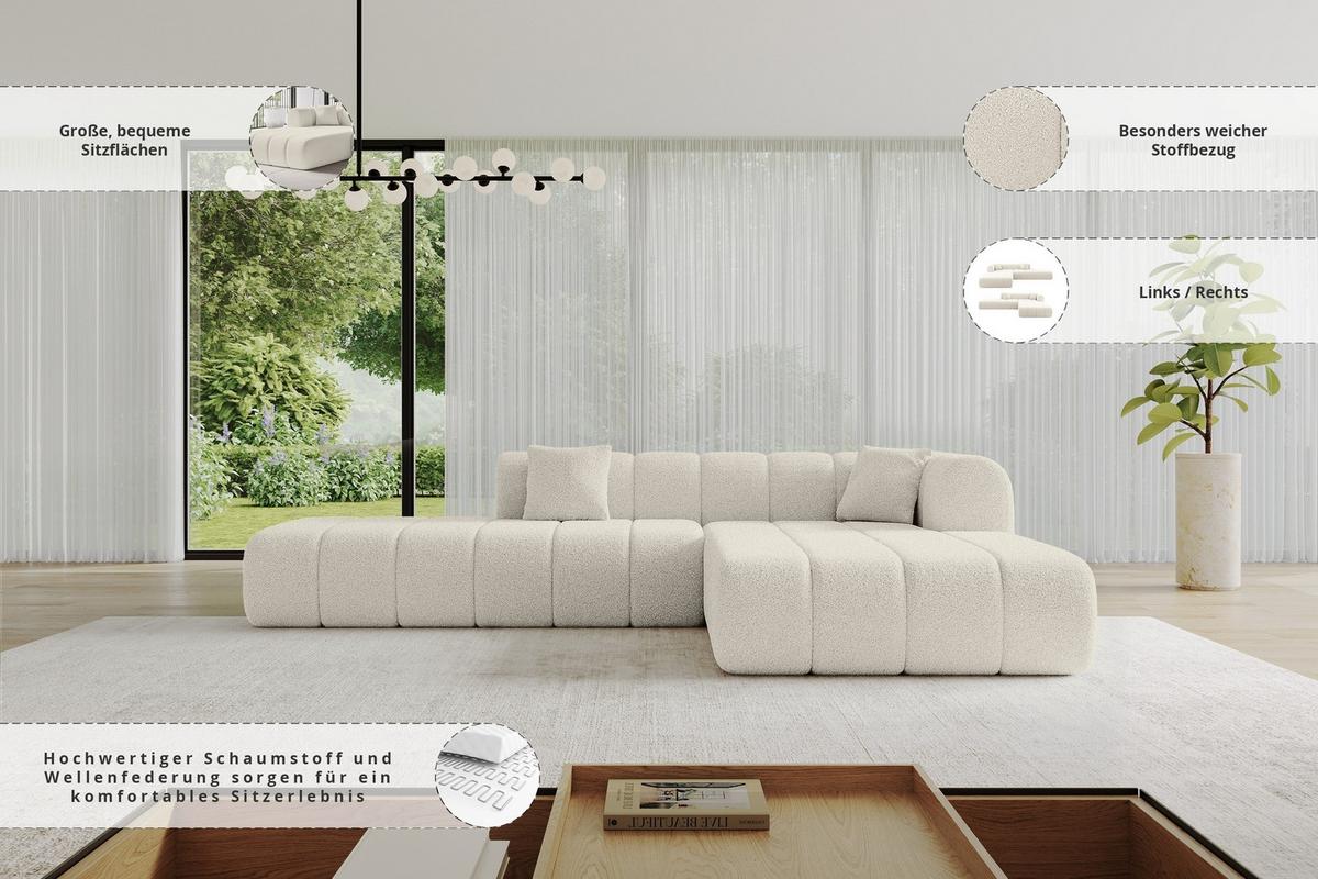 ECKSOFA Ottomane Rechts BILA-L 289x176x71 Beige Bouclé - Sandfarben/Beige, Holzwerkstoff/Kunststoff (289/176cm) - ALTDECOR