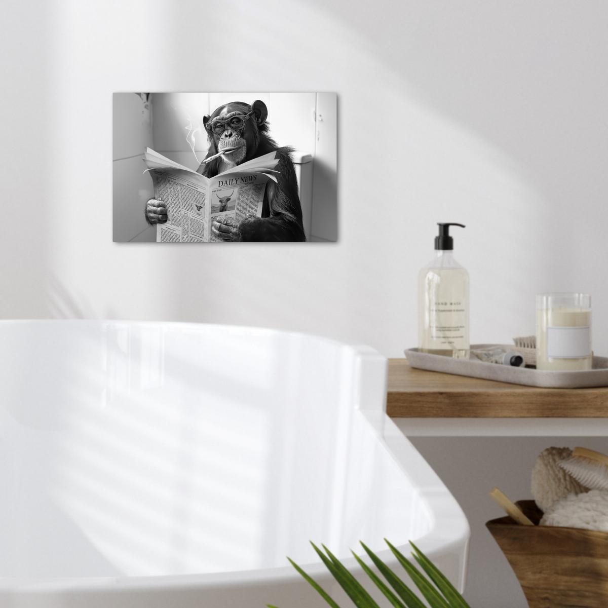 LEINWANDBILD Affe - WC - Zeitung - Schwarz-Weiß - Humor Deko Schlafzimmer 30x20 cm - Hellgrau, Textil (30/20cm) - MuchoWow