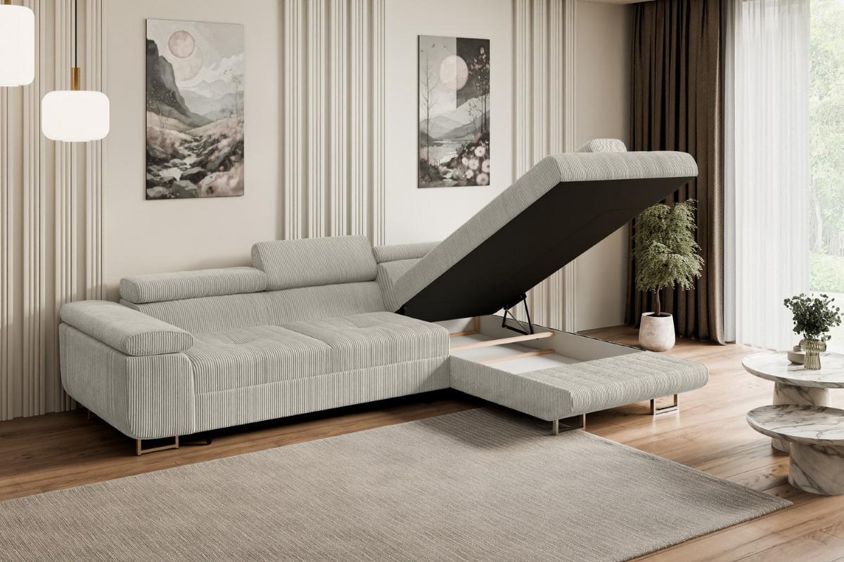 ECKSOFA mit Schlaffunktion und Bettkasten GUSA-L 272x202x107 cm Creme Cord - Silberfarben/Hellgrau, Holzwerkstoff/Textil (272/202cm) - ALTDECOR