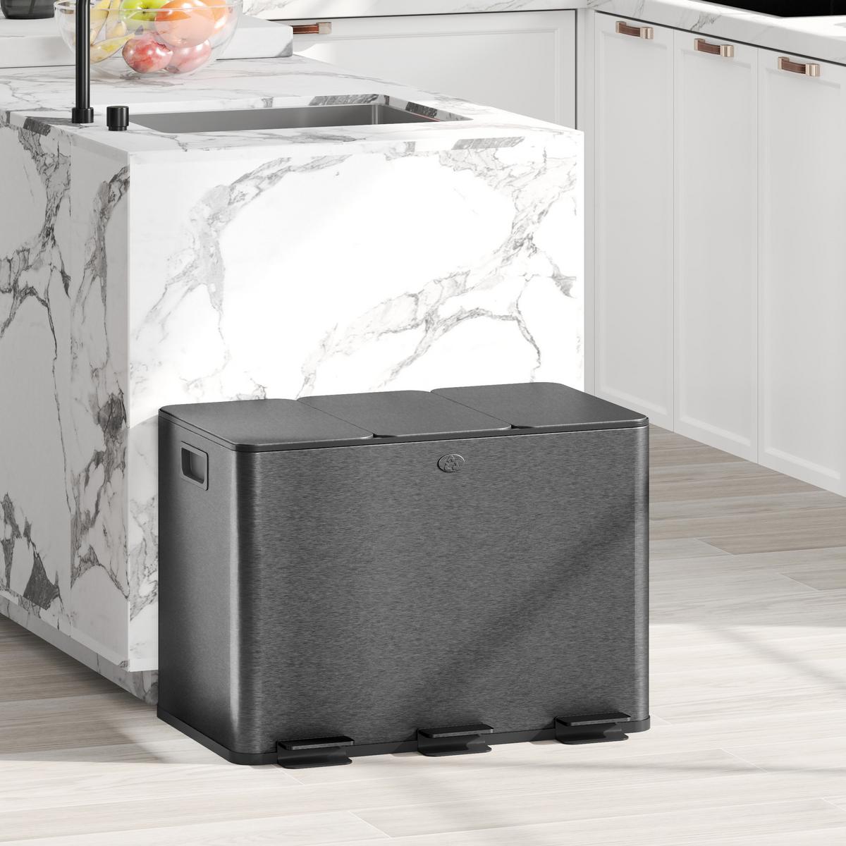 MÜLLEIMER 3x20L Abfalleimer aus Edelstahl mit Softclose Deckel Deodorant-Fächern - Schwarz, Metall (36.6/56.7/61.9cm) - HOMCOM