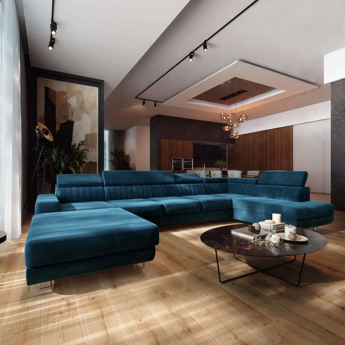 WOHNLANDSCHAFT GAIAN Blau Velours-Stoff mit Schlaffunktion - Blau, Holz (412/88/190cm) - MASSENO