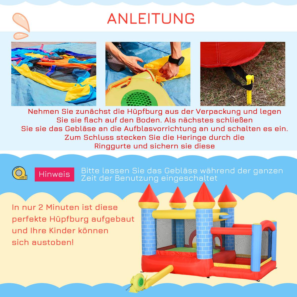 AUFBLASBARE Hüpfburg mit Rutsche Pool für 3 Kinder Burg mit Gebläse - Rot, Kunststoff (280/260/210cm) - Outsunny