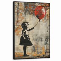 LEINWAND Bilder mit Rahmen - Graffiti - Banksy - Mädchen - Straßenkunst - 90x140 - Sandfarben, Textil (90/140cm) - MuchoWow