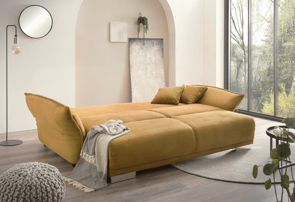 BIG-SOFA mit Schlaffunktion, Bettkasten, Federkern, Armlehnen verstellbar B242/T131/H90 cm, Liegefläche 168x199 cm, Cord Gold Ockergelb / 17213 - Chromfarben/Goldfarben, Kunststoff/Textil (242/90/131cm) - luma-home