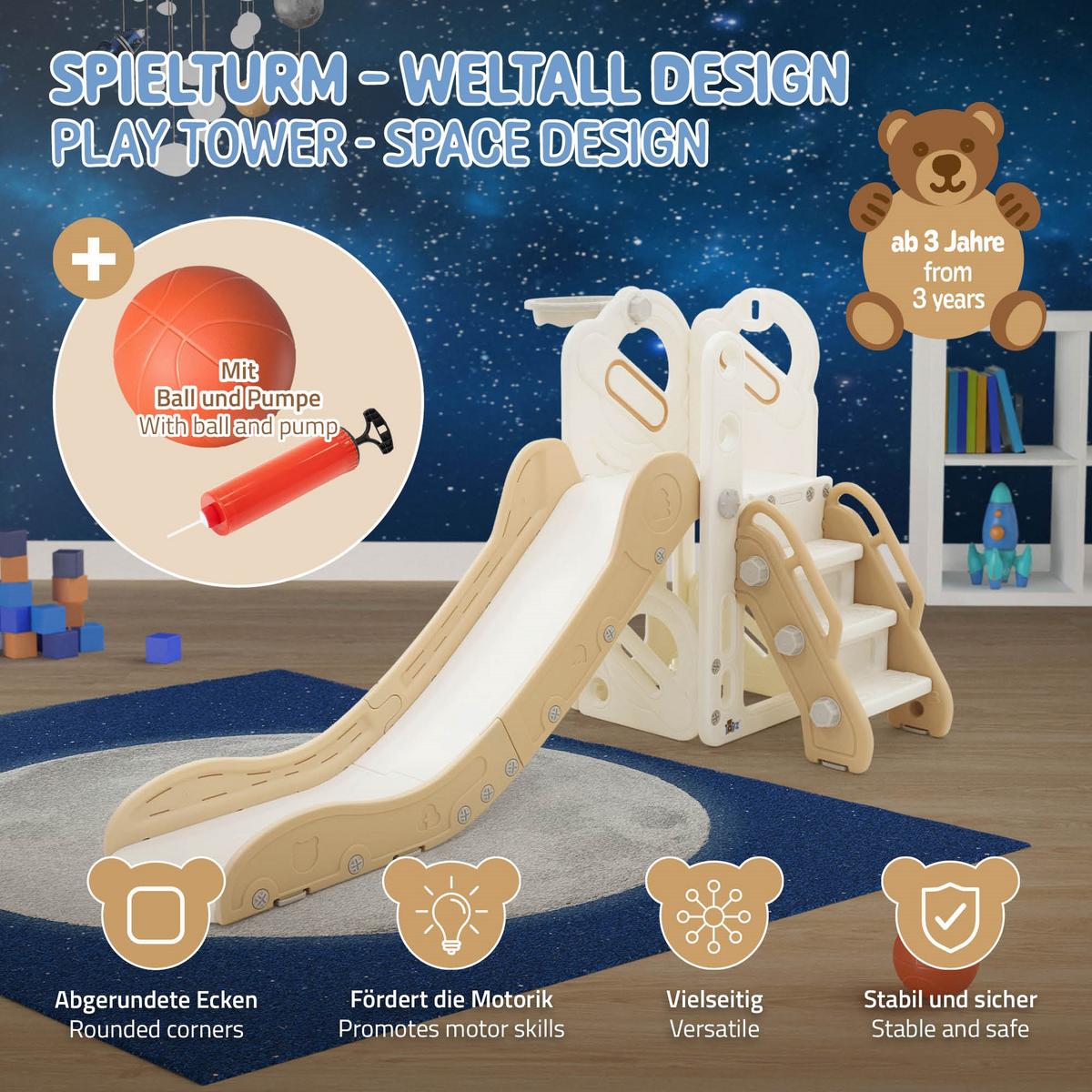 KINDERRUTSCHE 3 in 1 Kleinkinderrutsche mit Turm und Basketballkorb Weiß-Beige - Beige, Kunststoff (91/85.5/153cm) - Joyz