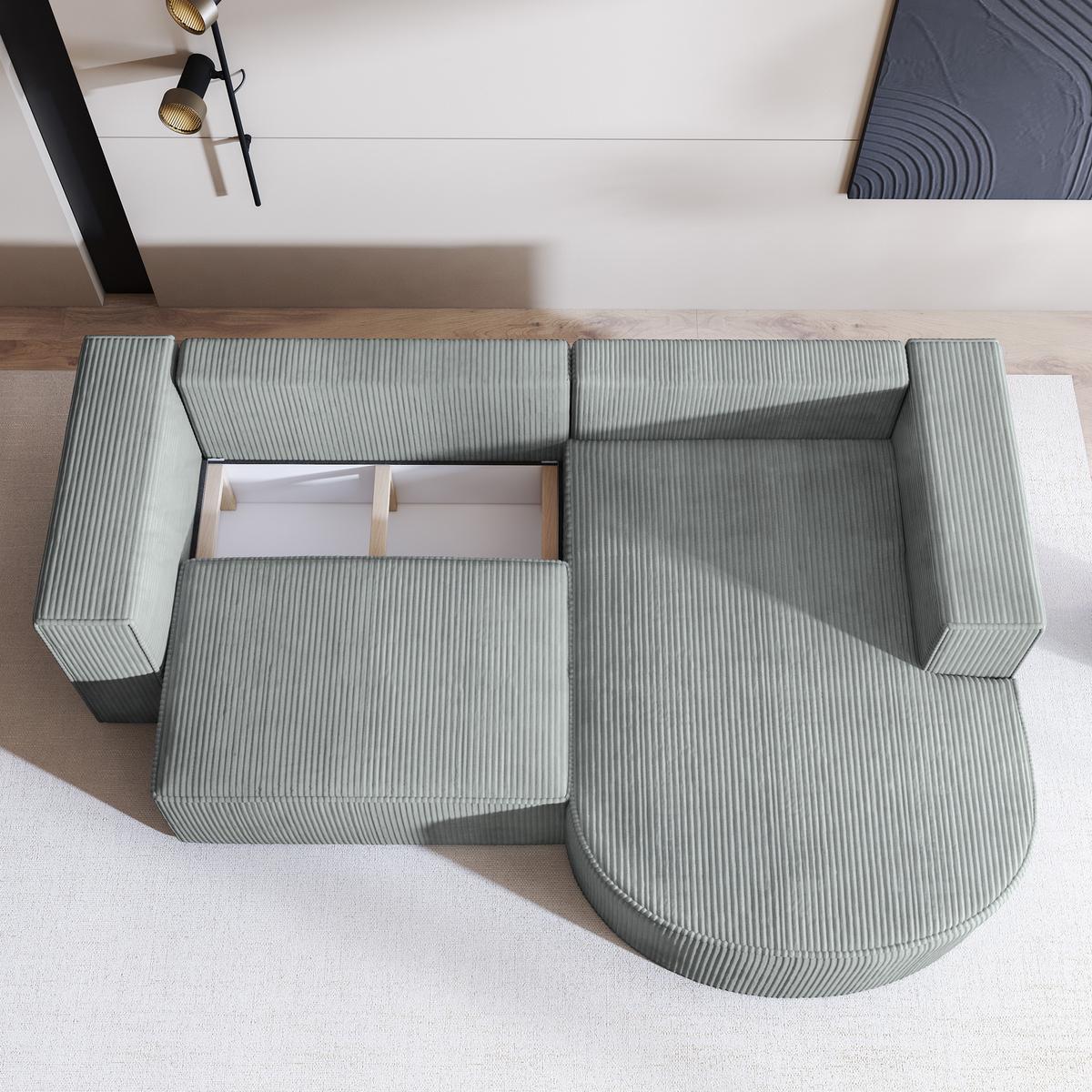 ECKSOFA SORELA P R-S Hellgrau Kordstoff mit Schlaffunktion - Hellgrau, Holz (263/174cm) - MASSENO