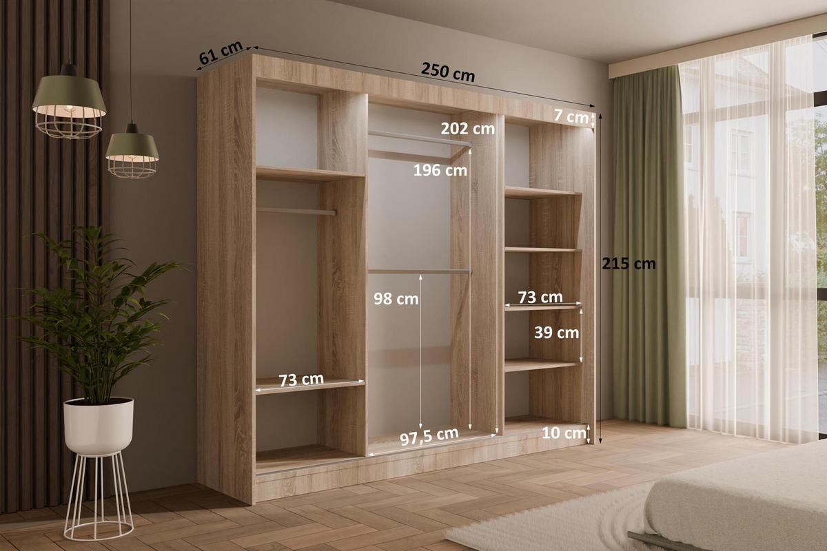 KLEIDERSCHRANK PAOKI mit LED - 250 cm - Sonoma Eiche - Sonoma Eiche, Holzwerkstoff (250/215/61cm) - ALTDECOR
