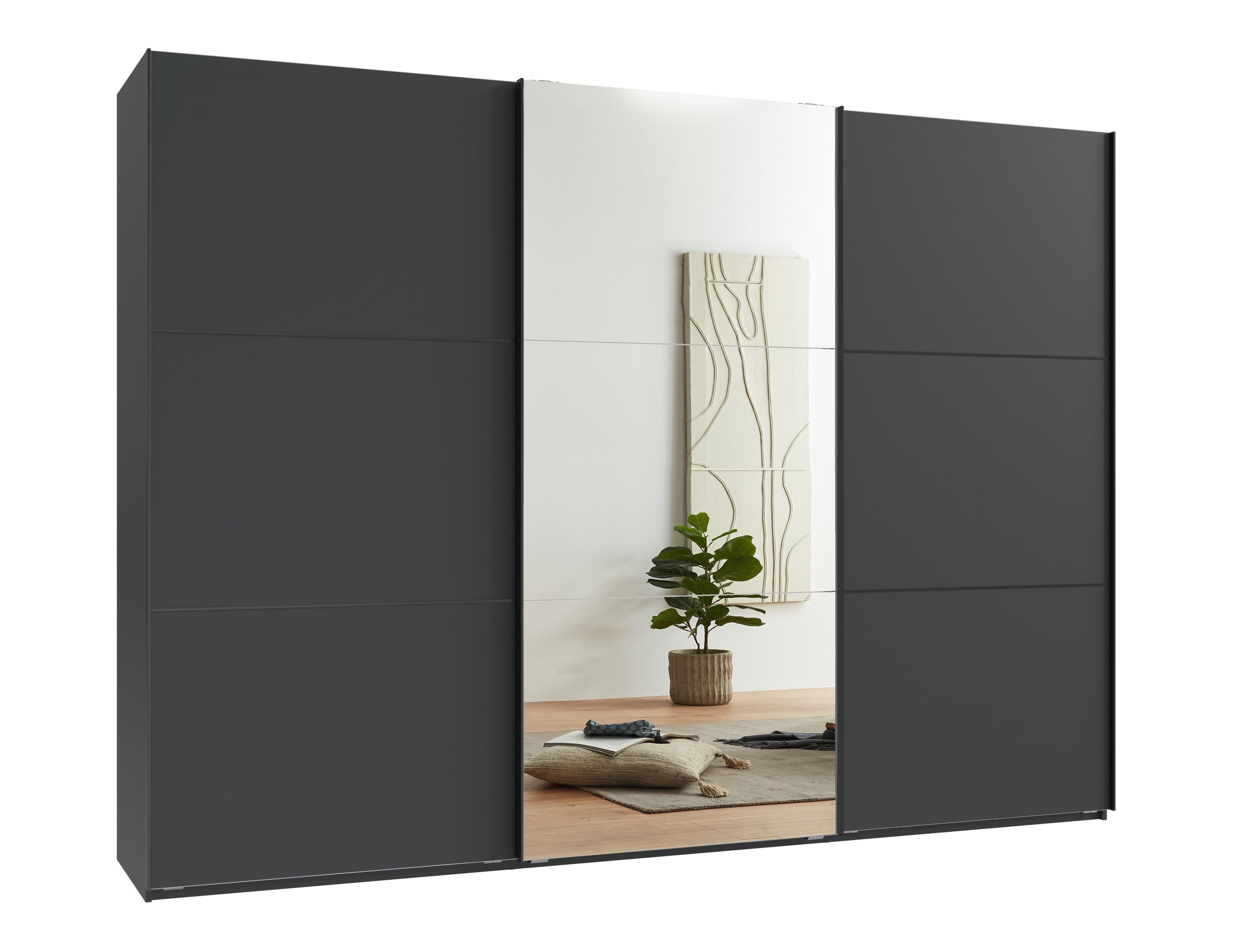 SCHWEBETÜRENSCHRANK 3-türig B300/H216/T65 cm in Anthrazit, eine Spiegeltür, Kleiderschrank inkl. Vollausstattung / 22021 - Anthrazit/Rot, Holzwerkstoff/Metall (300/216/65cm) - luma-home