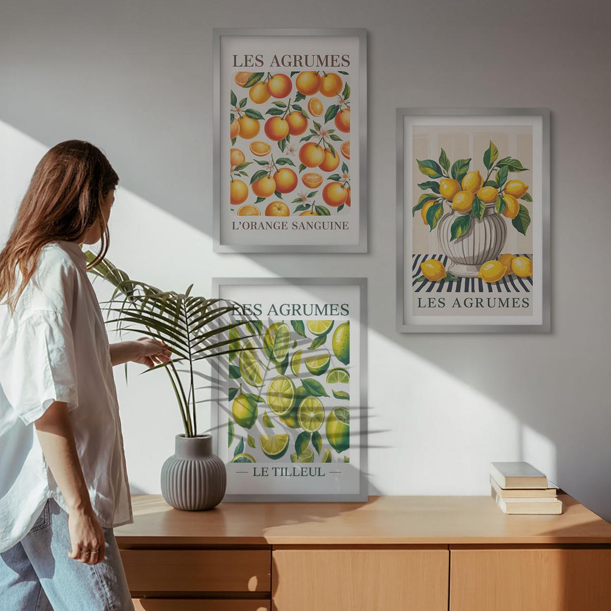 BILDER SET 3er Set - 40x60 cm Silberner Rahmen - Zitrusfrüchte in farbenfrohen Varianten - Silberfarben, Kunststoff (40/60cm) - TULUP