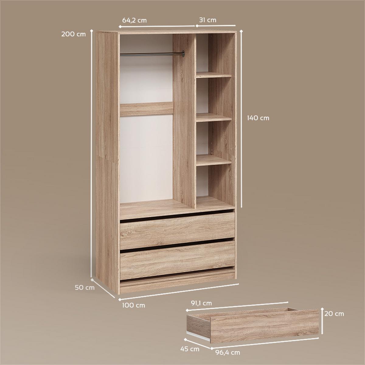 KINDERKLEIDERSCHRANK Trento Sonoma 100 x 200 cm mit 2 Schubladen - Sonoma Eiche, Holzwerkstoff (100/200/50cm) - Livinity®