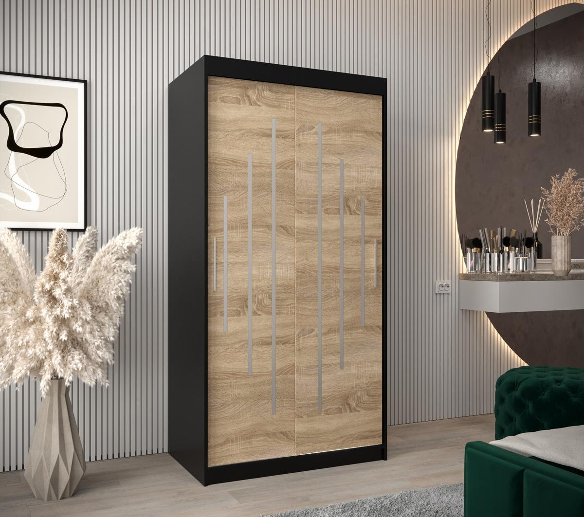 SCHWEBETÜRENSCHRANK 200/100/62 2-türig - Silberfarben/Schwarz, Holz/Kunststoff (100/200/62cm) - Abiks Möbel