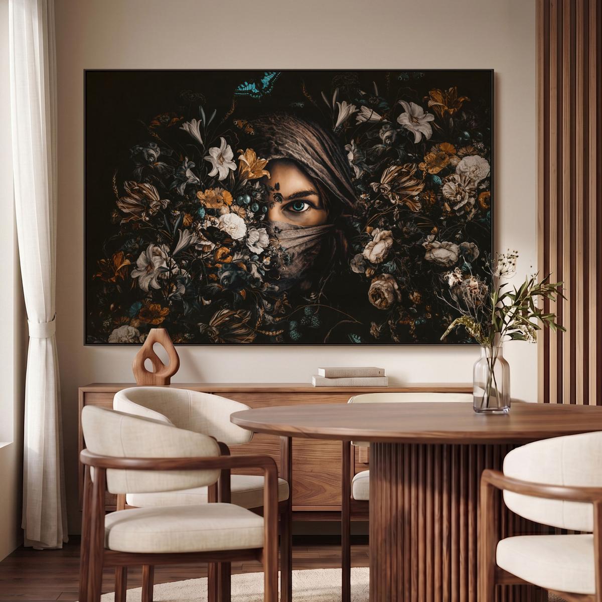 LEINWAND Bilder mit Rahmen - Frau - Luxus - Blumen - Schmetterling - Porträt - 120x80 - Schwarz, Textil (120/80cm) - MuchoWow