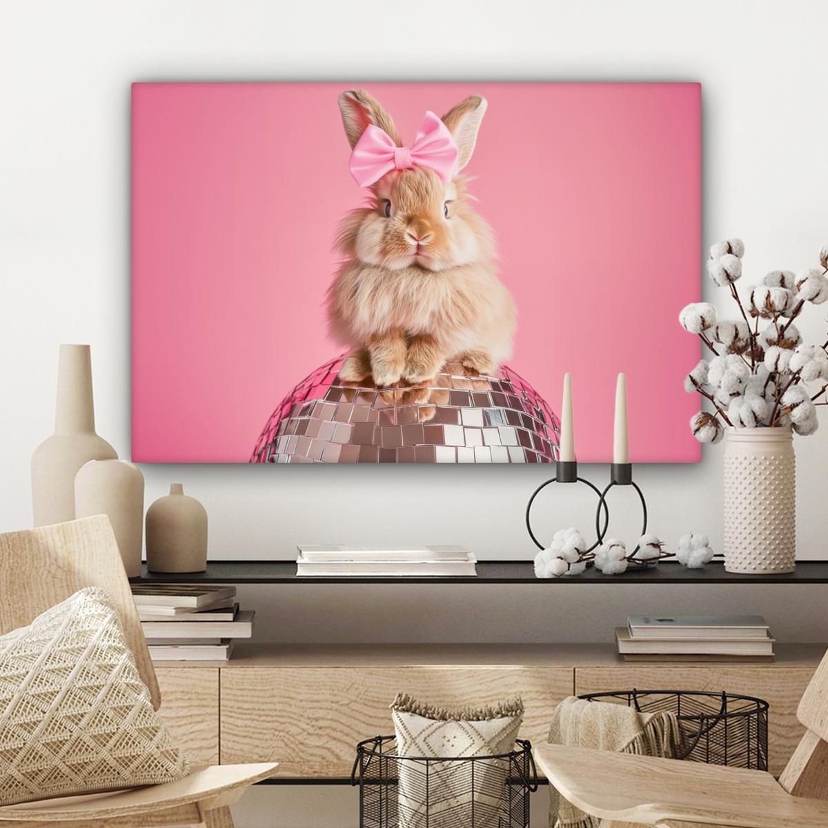 LEINWANDBILD Schleife - Discoball - Kaninchen Wanddeko 90x60 cm - Pink, Textil (90/60cm) - MuchoWow