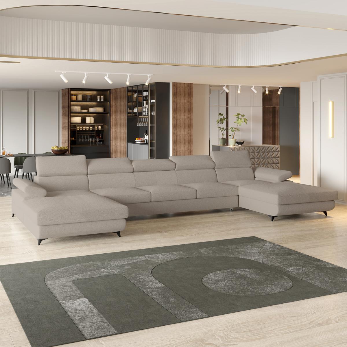 WOHNLANDSCHAFT VIVENTE Beige Boucle-Stoff mit Schlaffunktion - Beige, Holz (410/89/190cm) - MASSENO
