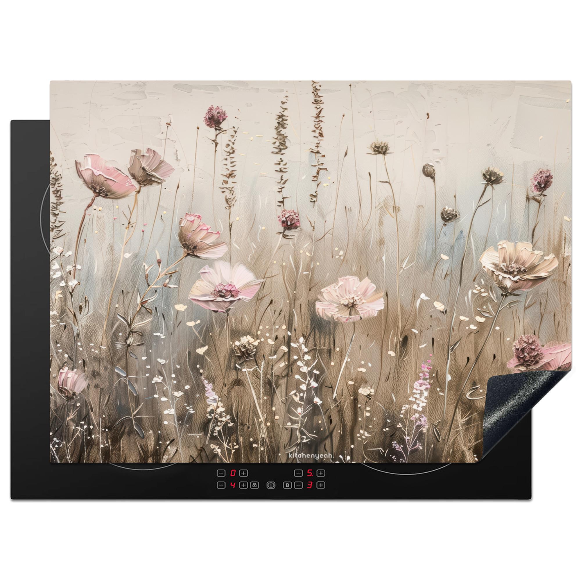 HERDABDECKPLATTE Blumen - Beige - Trockenblumen Herdabdeckung Induktionsfeld 70x52 cm - Beige, Kunststoff (70/52/0.2cm) - MuchoWow