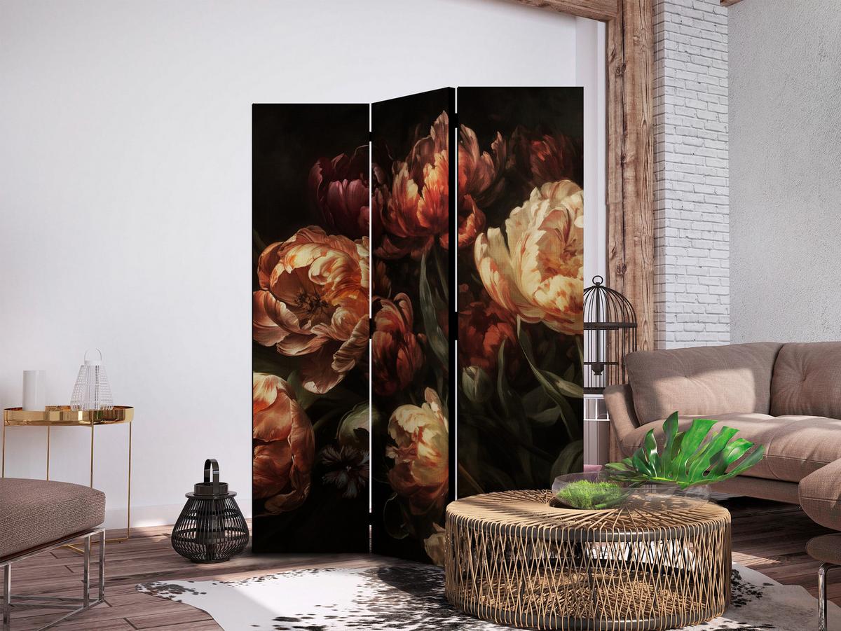 PARAVENT Einseitig Bedruckter 3-tlg 135x172 cm Pfingstrosen im Retro - Multicolor, Holz/Textil (135/172/3cm) - Muralo