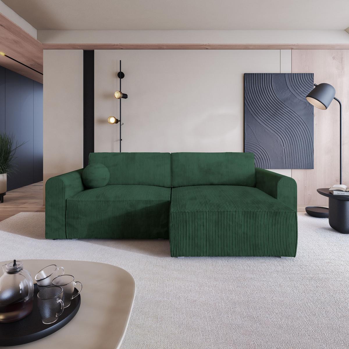 ECKSOFA FIANO P Grün Kordstoff mit Schlaffunktion - Grau/Grün, Holz/Kunststoff (245/148cm) - MASSENO