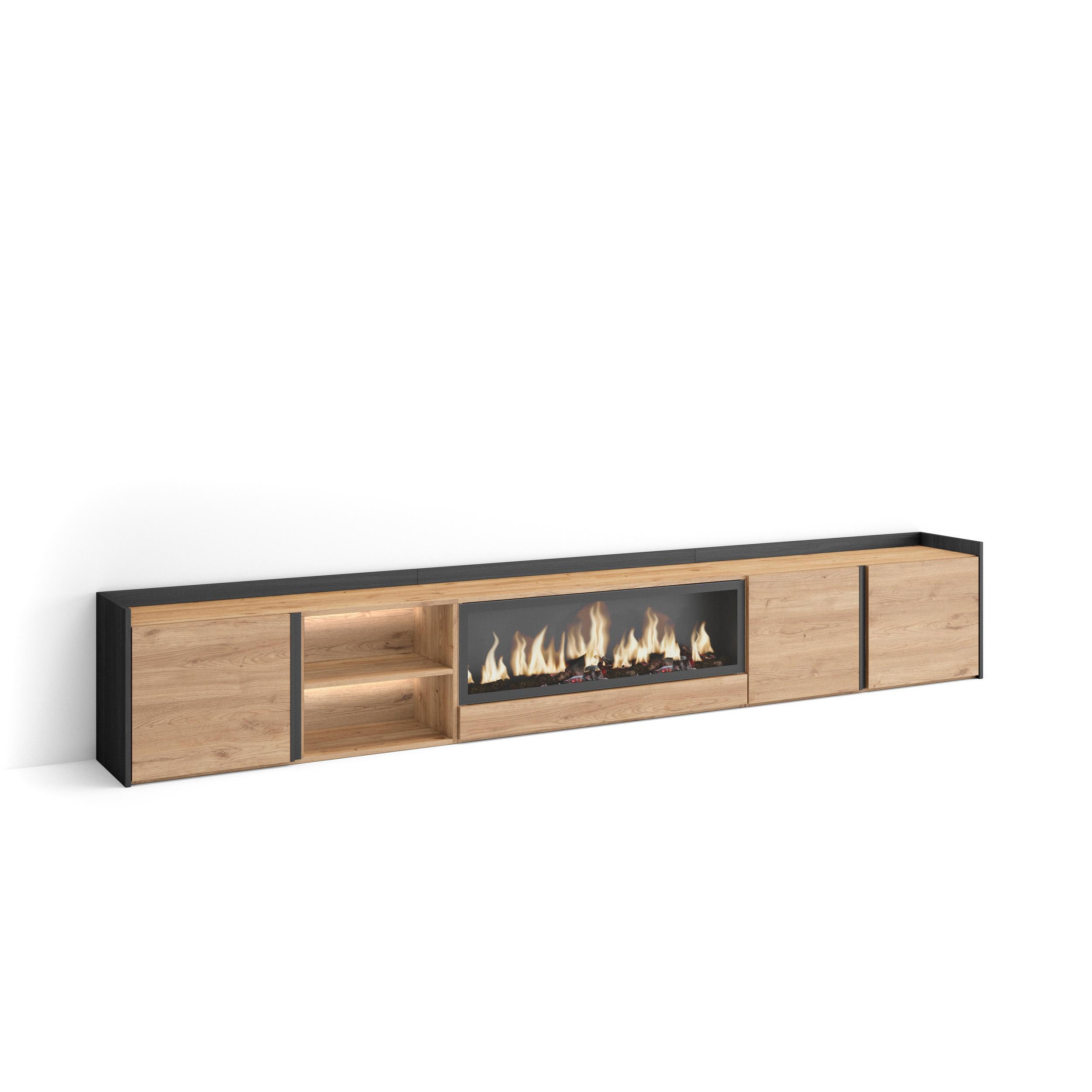 LOWBOARD, Eiche und Schwarz, 315/35/50cm, Kamin mit Feuereffekt XXL - Eichefarben, Holzwerkstoff (315/50/35cm) - Skraut Home