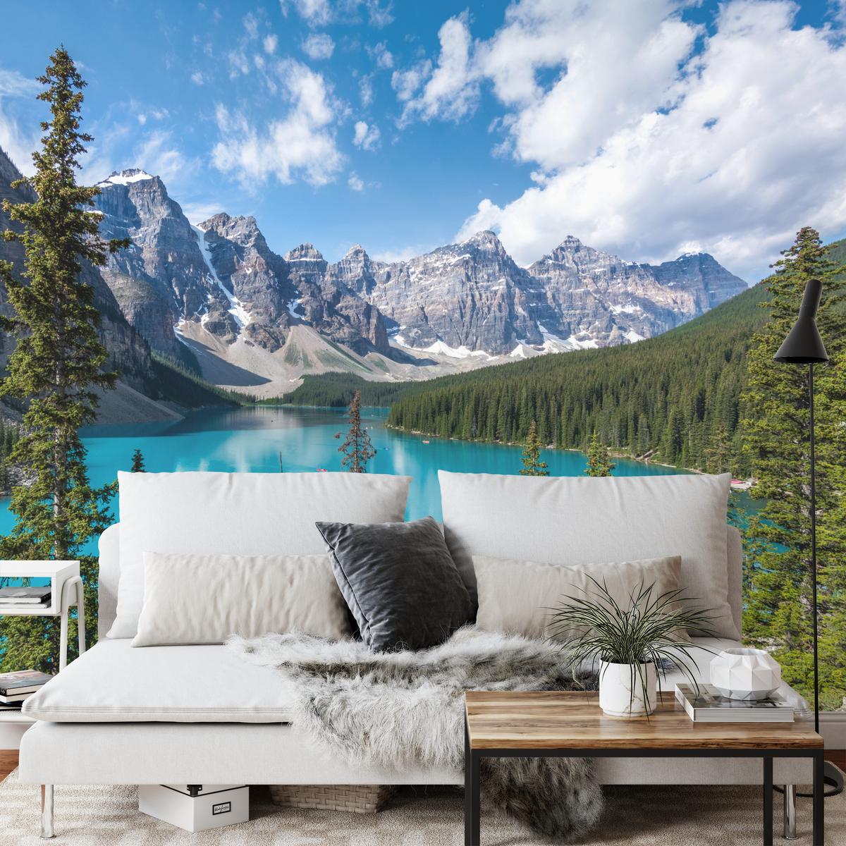 FOTOTAPETE See Berge Wald Landschaft 3D 250x175 - Türkis/Blau, Papier (250/175cm) - Muralo