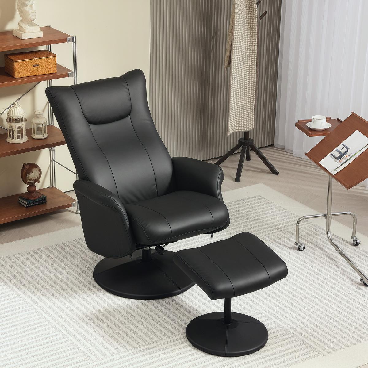 RELAXSESSEL mit Hocker 360°Drehbarer Fernsehsessel mit Liegefunktion Schwarz - Schwarz, Leder/Kunststoff (70/105/79cm) - HOMCOM