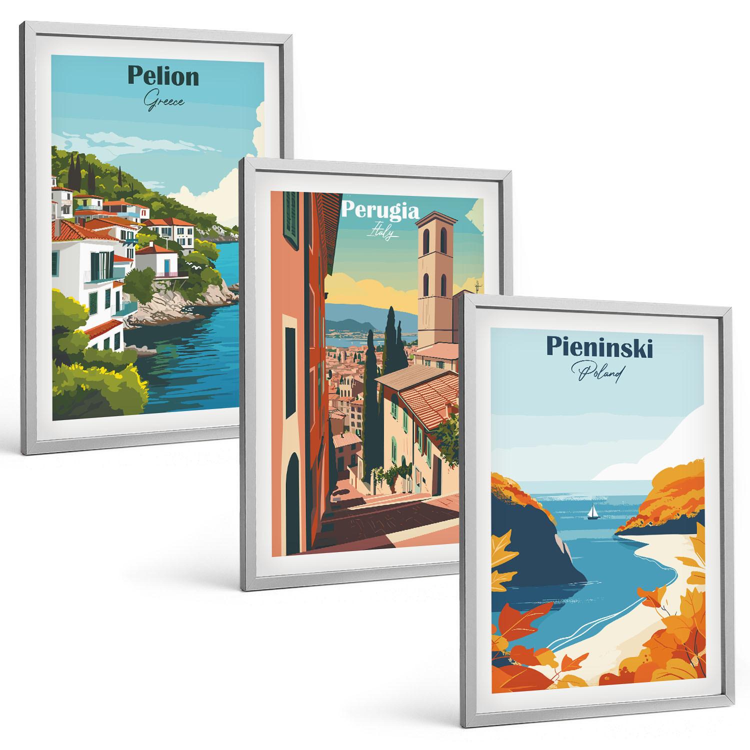 BILDER SET 3er Set - 40x60 cm Silberner Rahmen - Malerische Retro-Landschaften - Silberfarben, Kunststoff (40/60cm) - TULUP