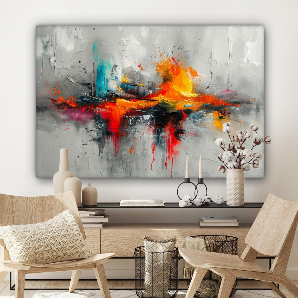 LEINWANDBILD Moderne Kunst - Orange - Grau - Abstrakt Wohnzimmer Groß 120x80 cm - Hellgrau, Textil (120/80cm) - MuchoWow