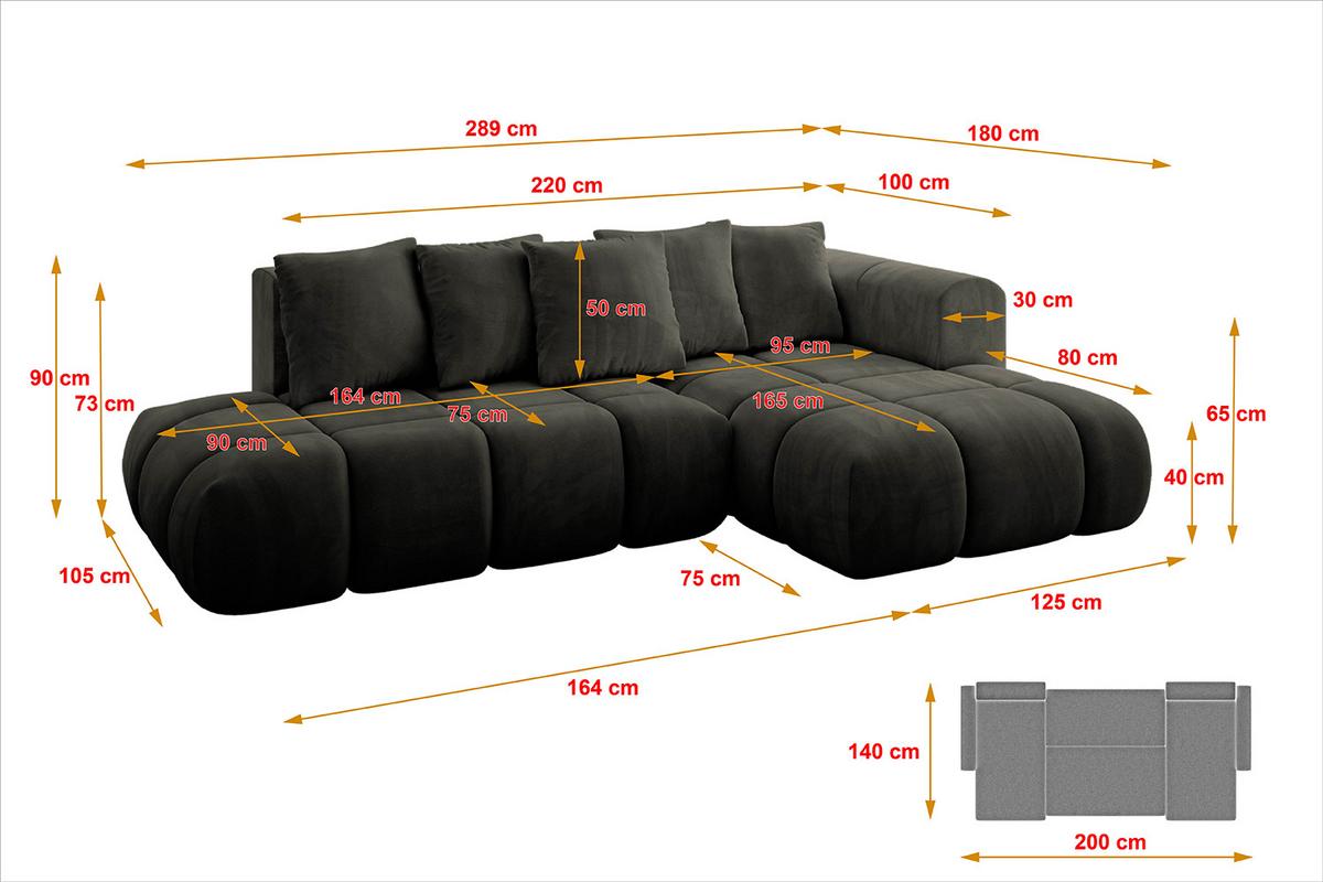 ECKSOFA Ottomane Rechts CLOUD-L-v1 280x185x90 Schwarz Velours - Schwarz, Holzwerkstoff/Kunststoff (185/280cm) - ALTDECOR
