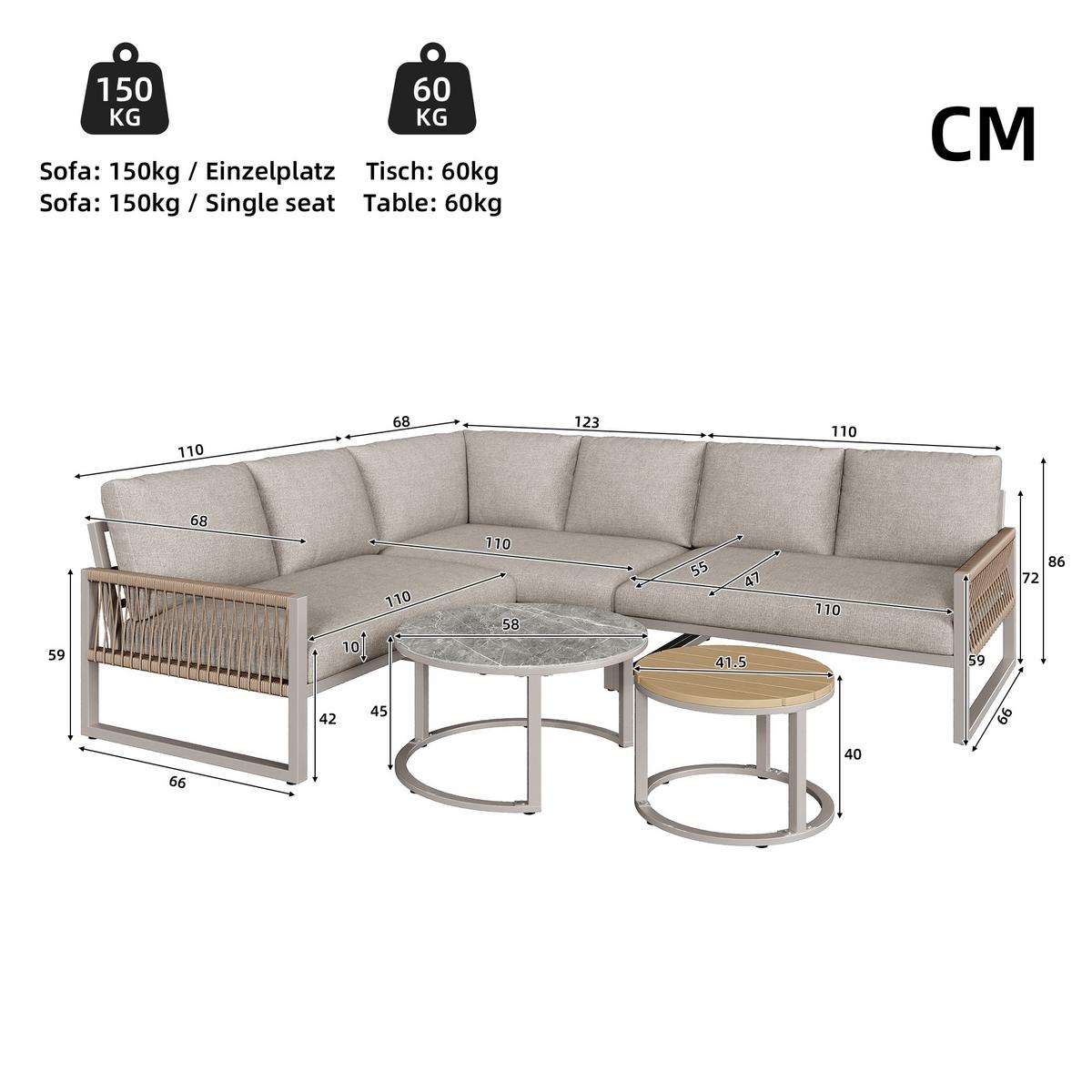 LOUNGEGARNITUR 5-tlg Beige Metall & Seil Ecksofa für 6–7 Personen mit 2 Couchtischen - Beige, Metall - Urban Meuble