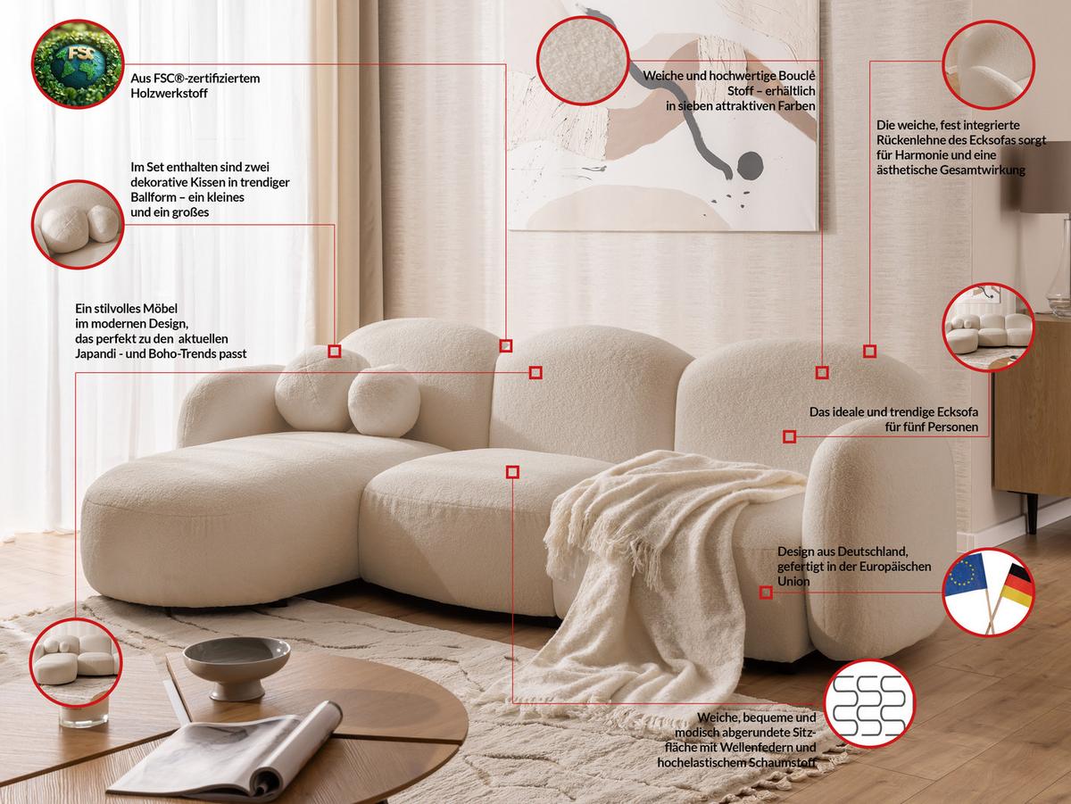 ECKSOFA Nuvola mit abgerundetem Design Hellbeige Bouclé-Stoff - Ottomane Links - Beige/Schwarz, Holz/Kunststoff (268/146cm) - S-Style Möbel