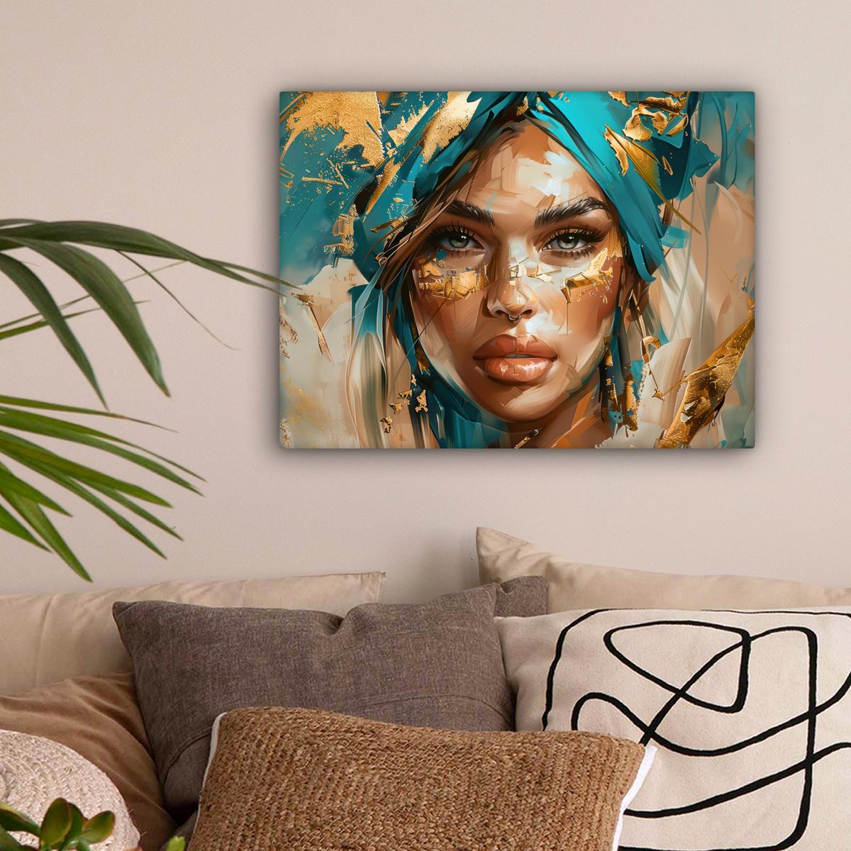 LEINWANDBILD Frau - Porträt - Gold - Luxus - Blau Wandbild 40x30 cm - Türkis, Textil (40/30cm) - MuchoWow