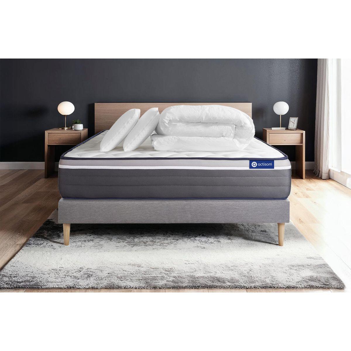 BETT Actiflex plus Taschenfederkern und Memory-Schaum 140 x 200 cm h4 - Kit Bettgestell Grau - Mit Kissen und Bettdecke - Beige/Grau, Karton/Holz (140/200cm) - ACTISOM