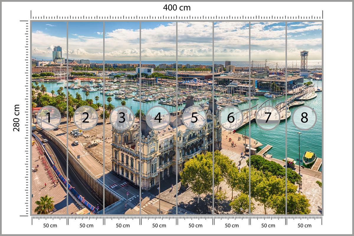 FOTOTAPETE für Wohnzimmer Barcelona Hafen Boote Denkmäler 400x280 - Türkis/Beige, Papier (400/280cm) - Muralo