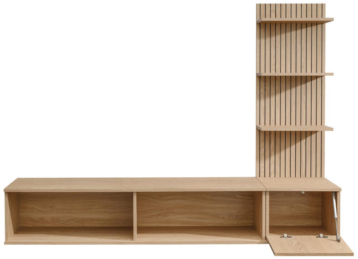 TV-LOWBOARD Cremona Eiche Leistenoptik 180 cm hängend, TV Unterschrank Set mit Paneel und Regal - Eichefarben, Holzwerkstoff (180/130/40cm) - Inn.Furn