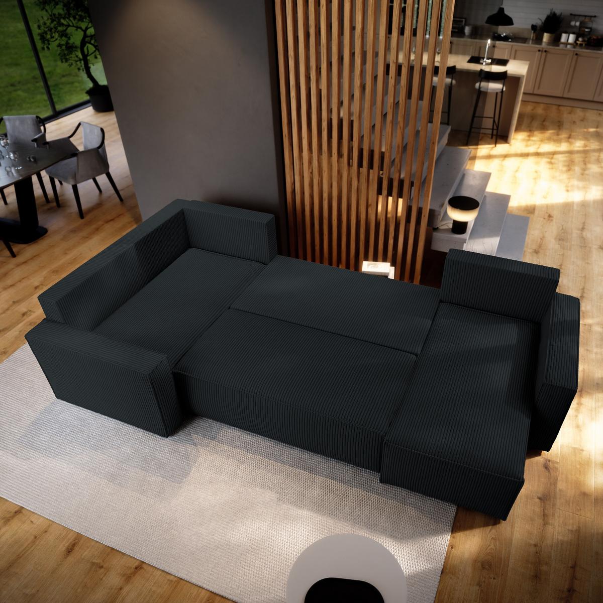 WOHNLANDSCHAFT NORENA L-S Schwarz Kordstoff mit Schlaffunktion - Schwarz, Holz (295/85/157.5cm) - MASSENO