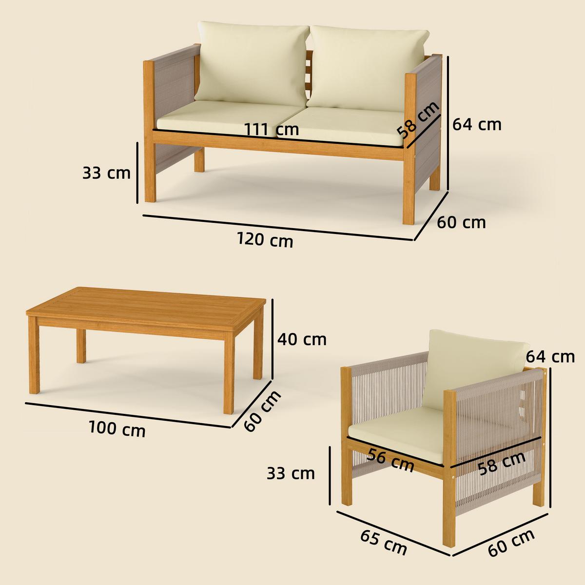 BALKONMÖBEL-SET 4er Set Akazienholz Polyester Beige - Beige/Akaziefarben, Holz/Textil - Outsunny