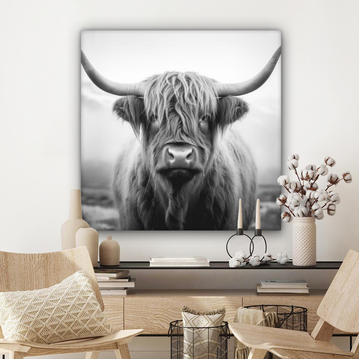 LEINWANDBILD Schottischer Highlander - Nebel - Schwarz - Weiß Deko Groß 90x90 cm - Grau, Textil (90/90cm) - MuchoWow