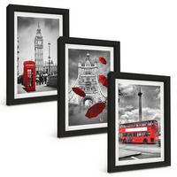 BILDER SET 3er Set - 20x30 cm Schwarzer Rahmen - Roter Regenschirmstand und Londoner Bus - Schwarz, Kunststoff (20/30cm) - TULUP